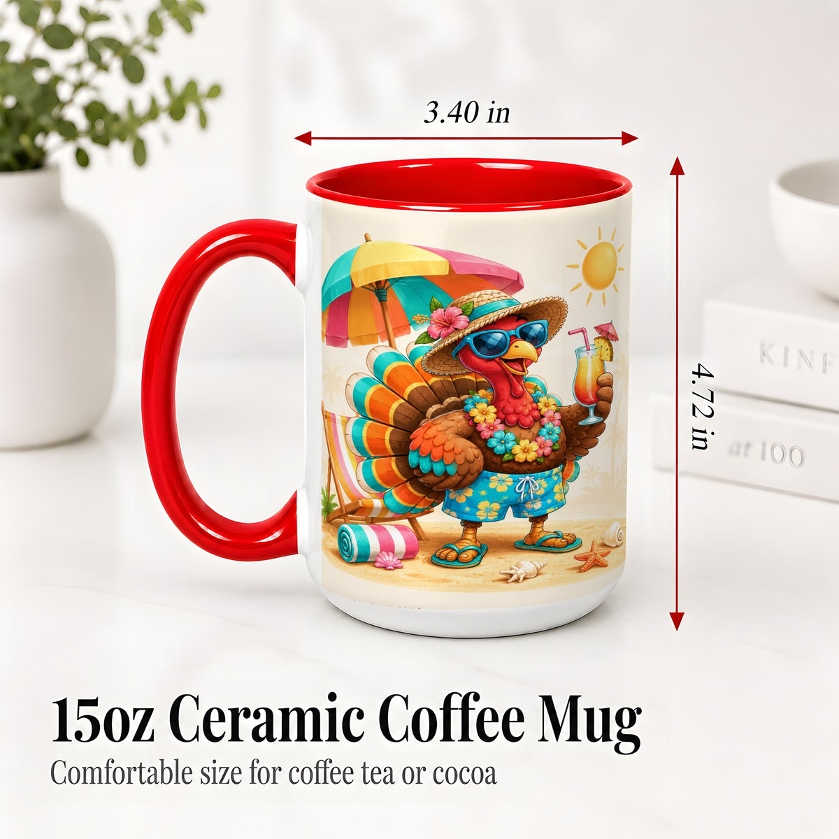 #pl[15oz|Red] Tropical Turkey Accent Mug, Mug with Colorful Beach Vacation Art