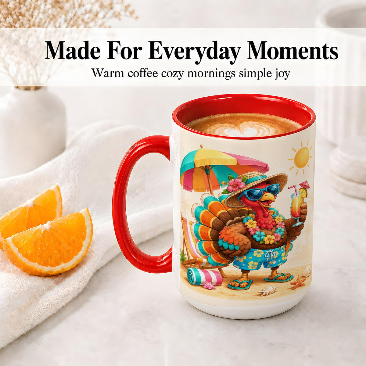 #pl[15oz|Red] Tropical Turkey Accent Mug, Mug with Colorful Beach Vacation Art