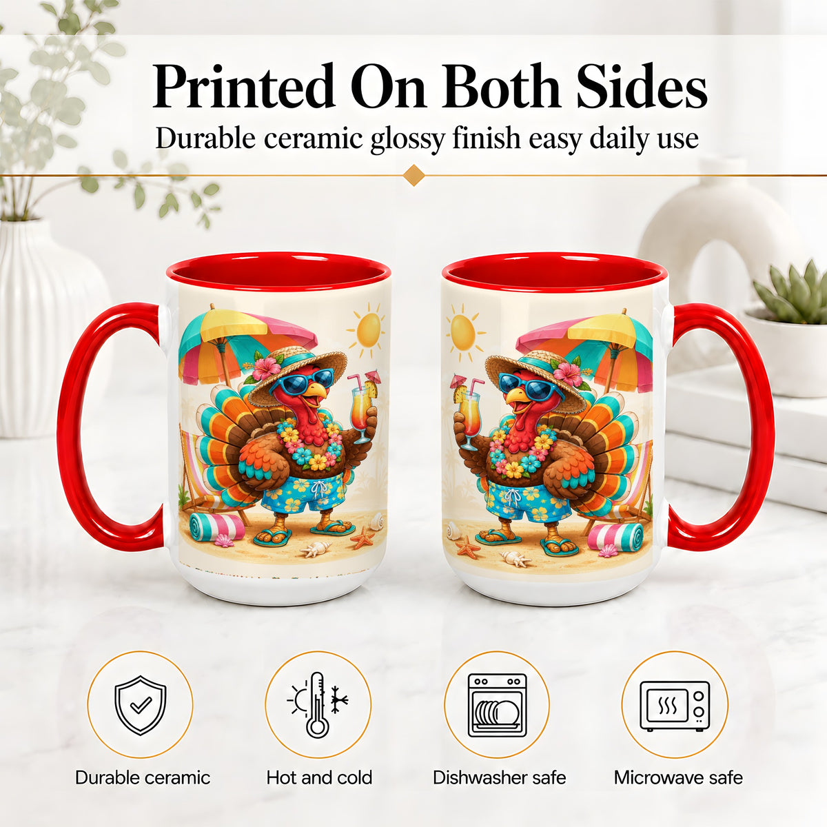#pl[15oz|Red] Tropical Turkey Accent Mug, Mug with Colorful Beach Vacation Art