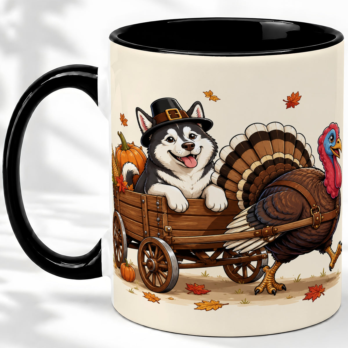 #pl[11oz|Black] Thanksgiving Husky Wagon Accent Mug, Mug with Turkey Artwork