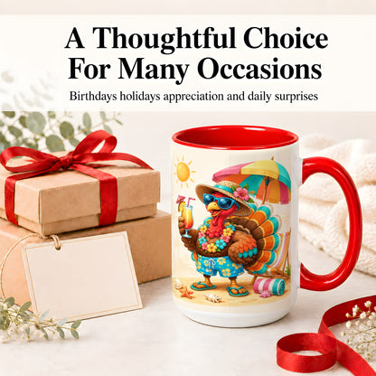 #pl[15oz|Red] Tropical Turkey Accent Mug, Mug with Colorful Beach Vacation Art