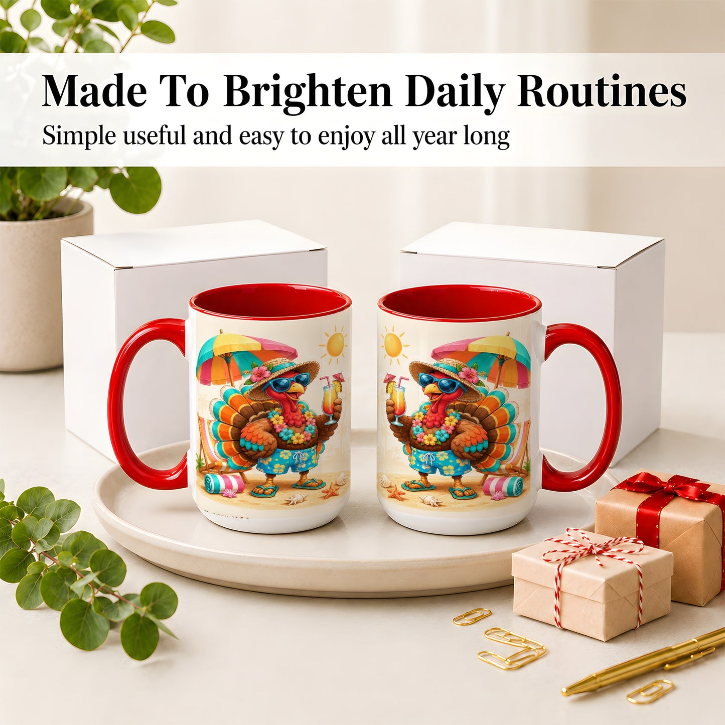 #pl[15oz|Red] Tropical Turkey Accent Mug, Mug with Colorful Beach Vacation Art
