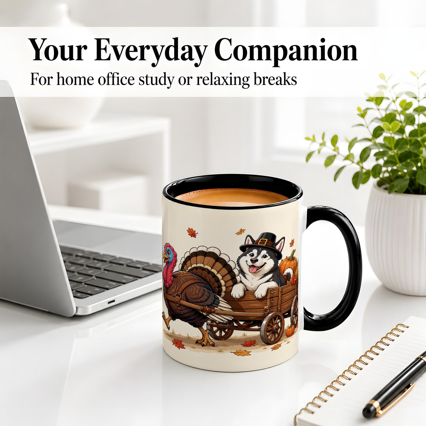 #pl[11oz|Black] Thanksgiving Husky Wagon Accent Mug, Mug with Turkey Artwork
