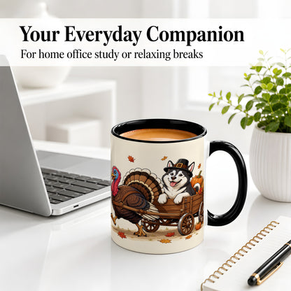 #pl[11oz|Black] Thanksgiving Husky Wagon Accent Mug, Mug with Turkey Artwork
