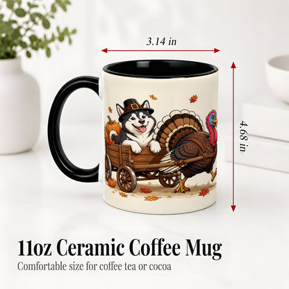 #pl[11oz|Black] Thanksgiving Husky Wagon Accent Mug, Mug with Turkey Artwork