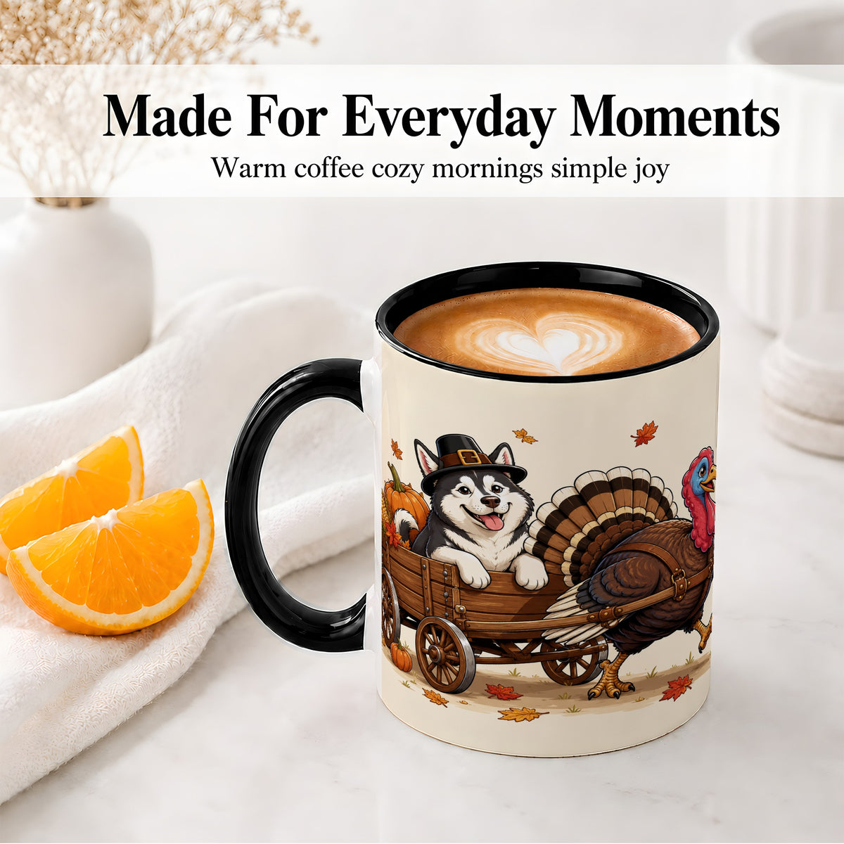 #pl[11oz|Black] Thanksgiving Husky Wagon Accent Mug, Mug with Turkey Artwork
