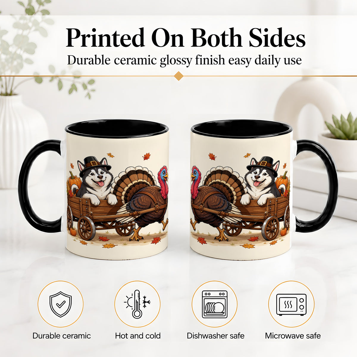 #pl[11oz|Black] Thanksgiving Husky Wagon Accent Mug, Mug with Turkey Artwork