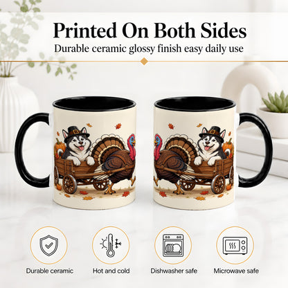 #pl[11oz|Black] Thanksgiving Husky Wagon Accent Mug, Mug with Turkey Artwork