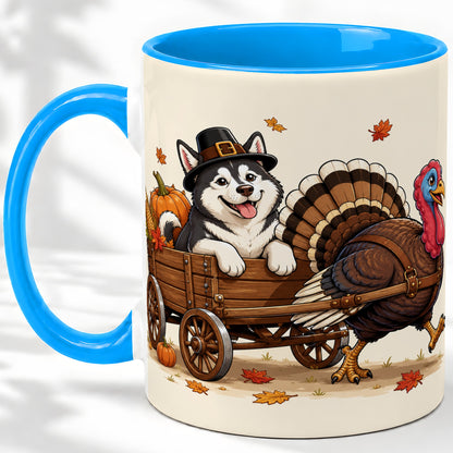 #pl[11oz|Blue] Thanksgiving Husky Wagon Accent Mug, Mug with Turkey Artwork