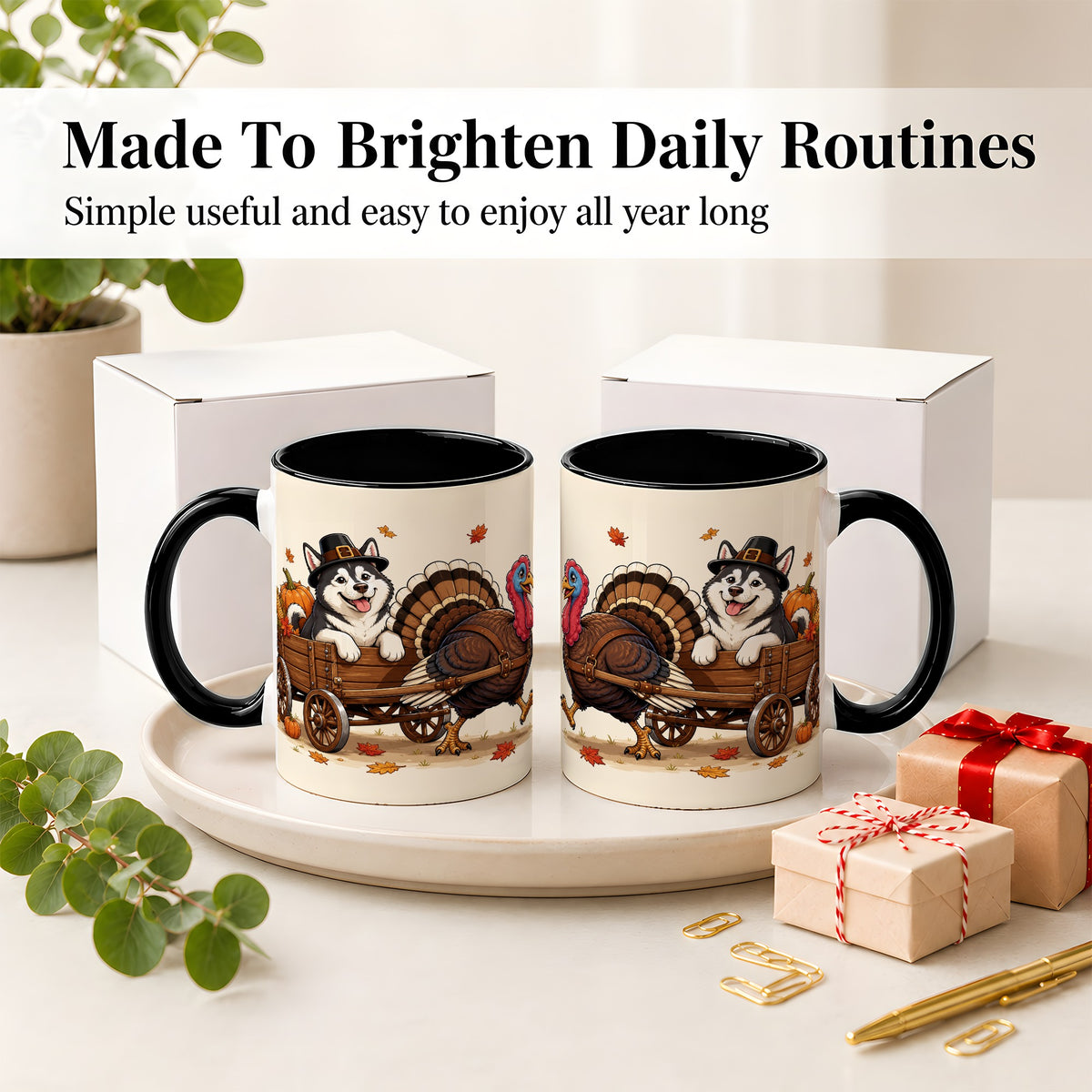 #pl[11oz|Black] Thanksgiving Husky Wagon Accent Mug, Mug with Turkey Artwork