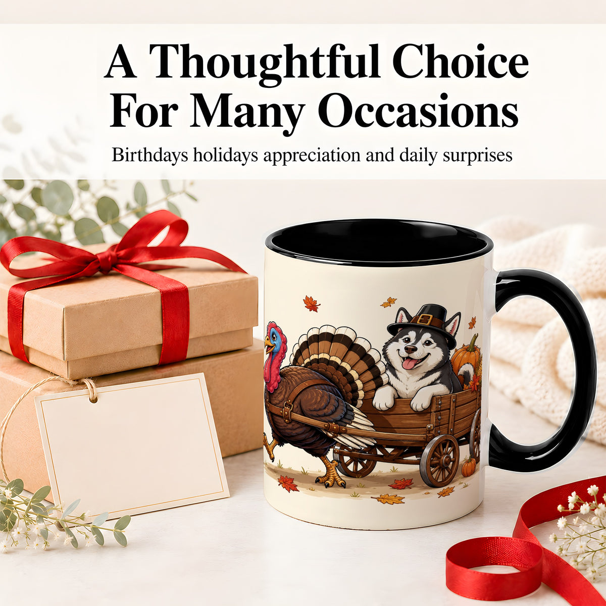 #pl[11oz|Black] Thanksgiving Husky Wagon Accent Mug, Mug with Turkey Artwork
