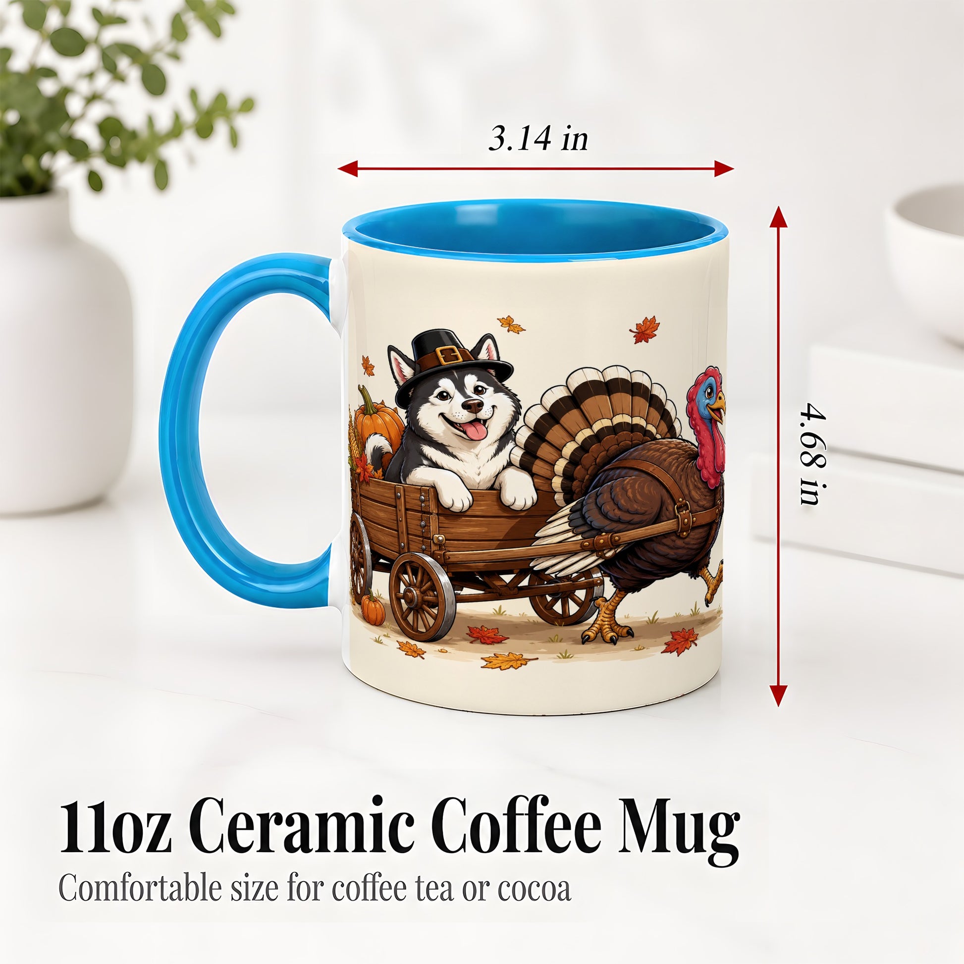 #pl[11oz|Blue] Thanksgiving Husky Wagon Accent Mug, Mug with Turkey Artwork