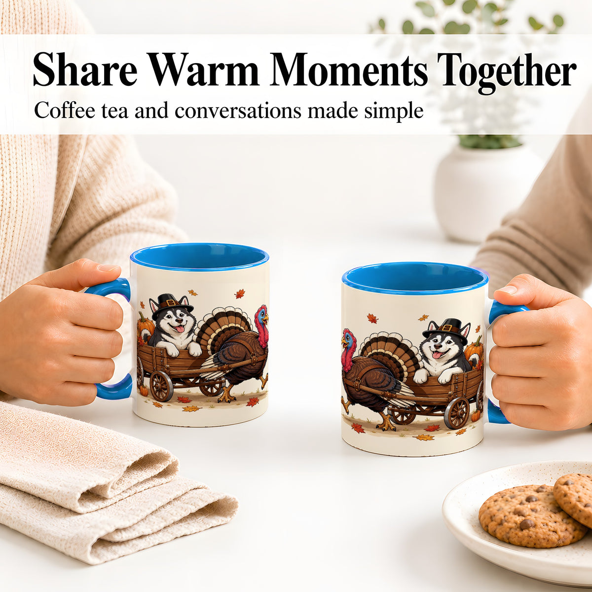 #pl[11oz|Blue] Thanksgiving Husky Wagon Accent Mug, Mug with Turkey Artwork