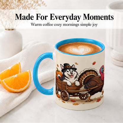 #pl[11oz|Blue] Thanksgiving Husky Wagon Accent Mug, Mug with Turkey Artwork