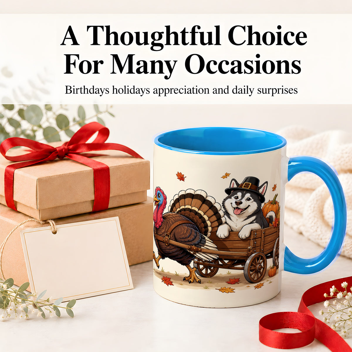 #pl[11oz|Blue] Thanksgiving Husky Wagon Accent Mug, Mug with Turkey Artwork