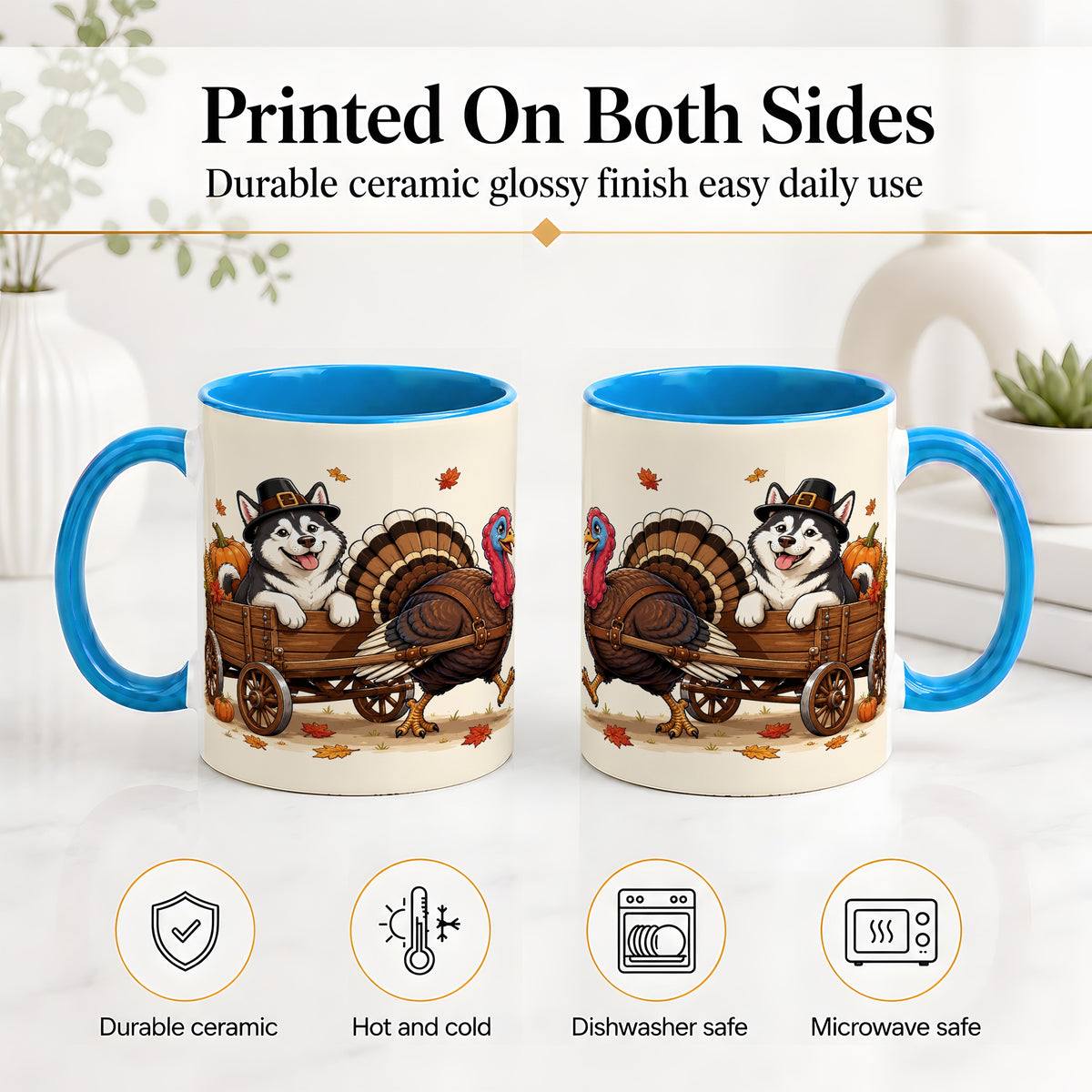 #pl[11oz|Blue] Thanksgiving Husky Wagon Accent Mug, Mug with Turkey Artwork