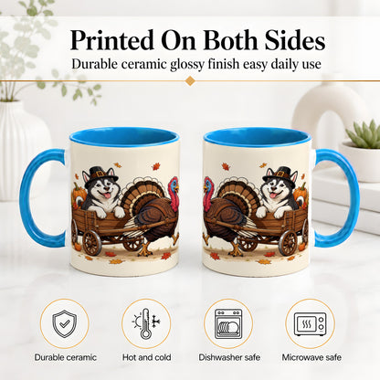 #pl[11oz|Blue] Thanksgiving Husky Wagon Accent Mug, Mug with Turkey Artwork