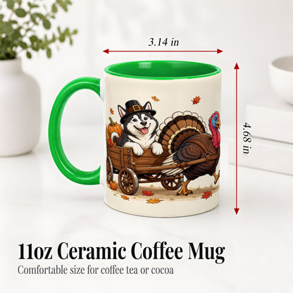 #pl[11oz|Green] Thanksgiving Husky Wagon Accent Mug, Mug with Turkey Artwork