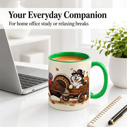 #pl[11oz|Green] Thanksgiving Husky Wagon Accent Mug, Mug with Turkey Artwork