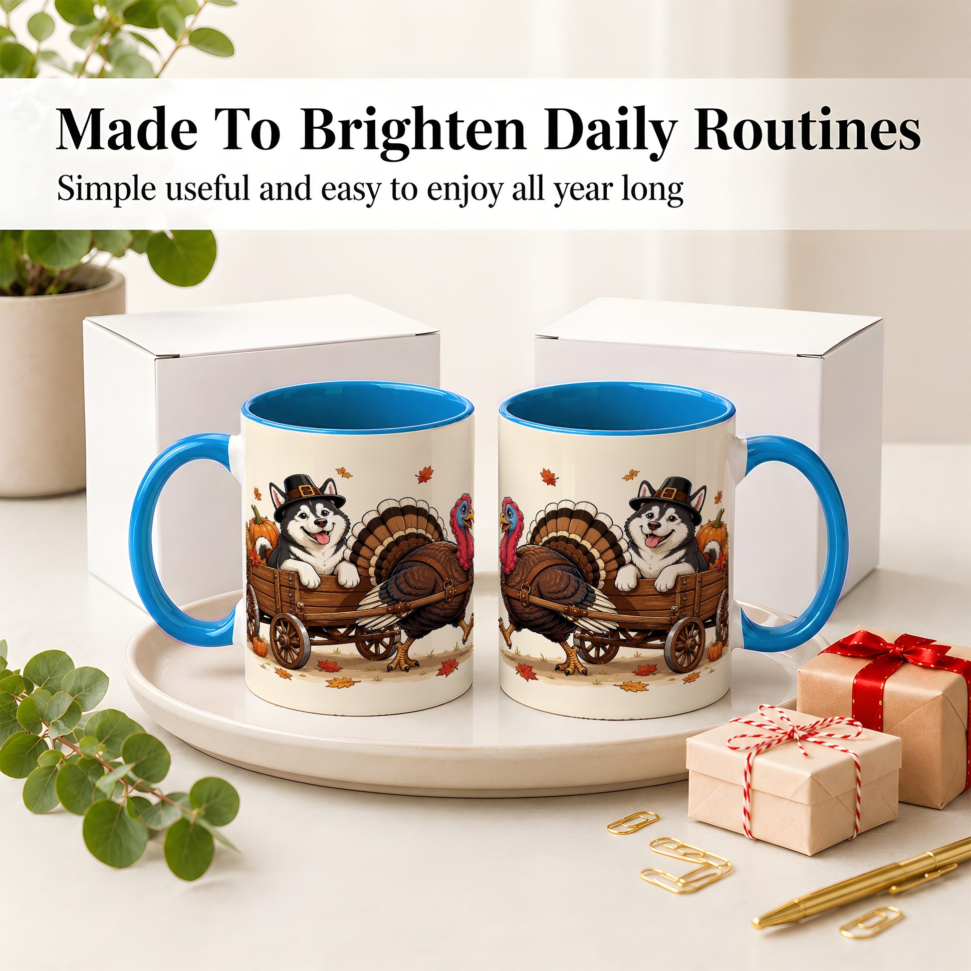 #pl[11oz|Blue] Thanksgiving Husky Wagon Accent Mug, Mug with Turkey Artwork