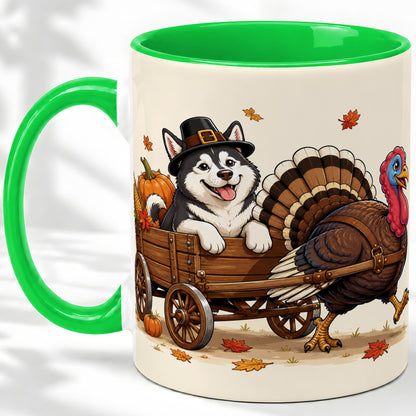 #pl[11oz|Green] Thanksgiving Husky Wagon Accent Mug, Mug with Turkey Artwork