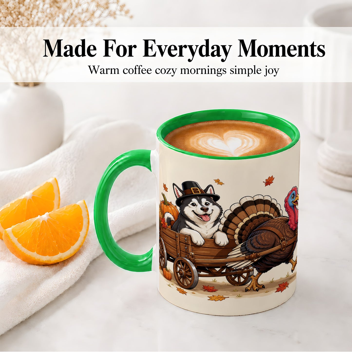 #pl[11oz|Green] Thanksgiving Husky Wagon Accent Mug, Mug with Turkey Artwork