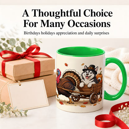 #pl[11oz|Green] Thanksgiving Husky Wagon Accent Mug, Mug with Turkey Artwork