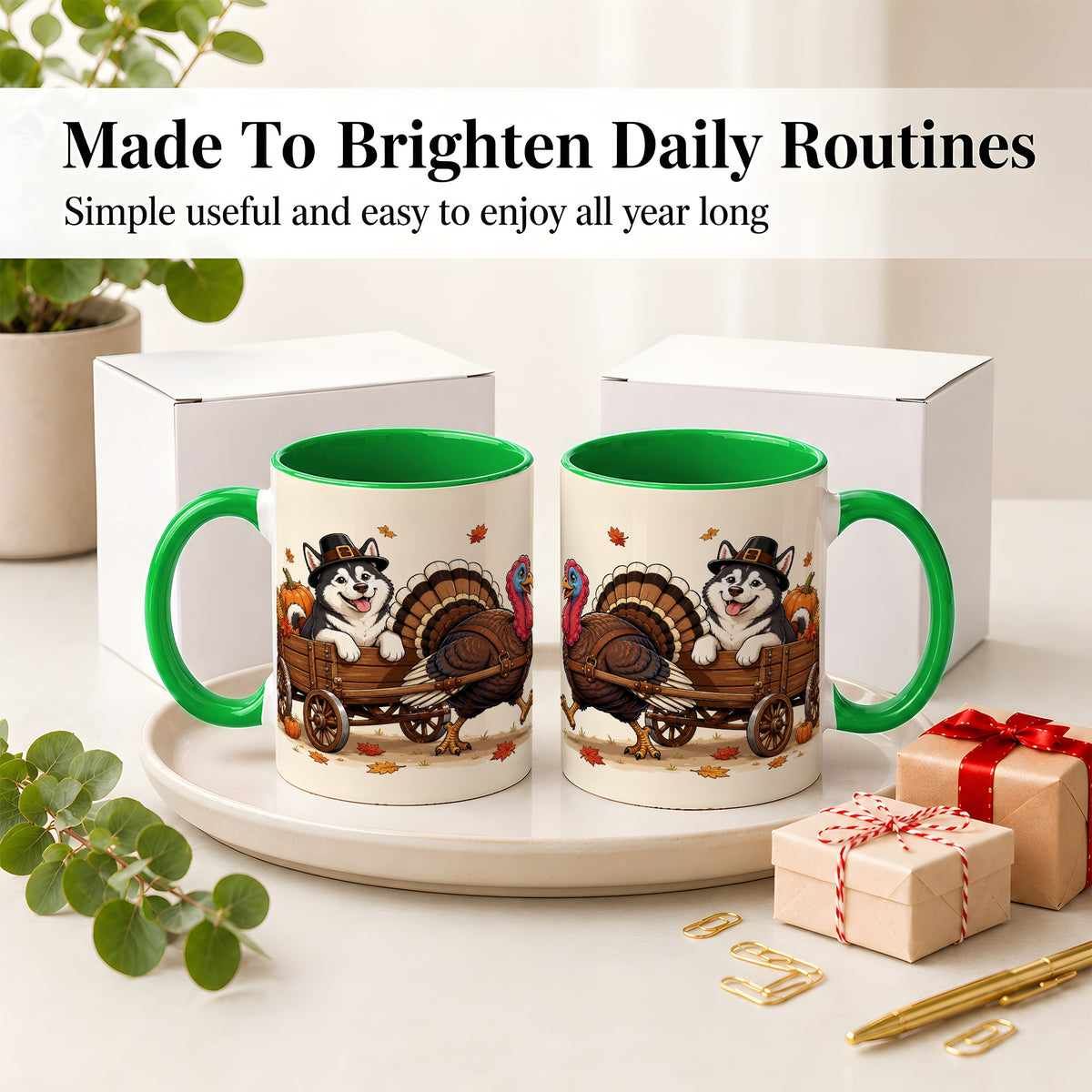 #pl[11oz|Green] Thanksgiving Husky Wagon Accent Mug, Mug with Turkey Artwork