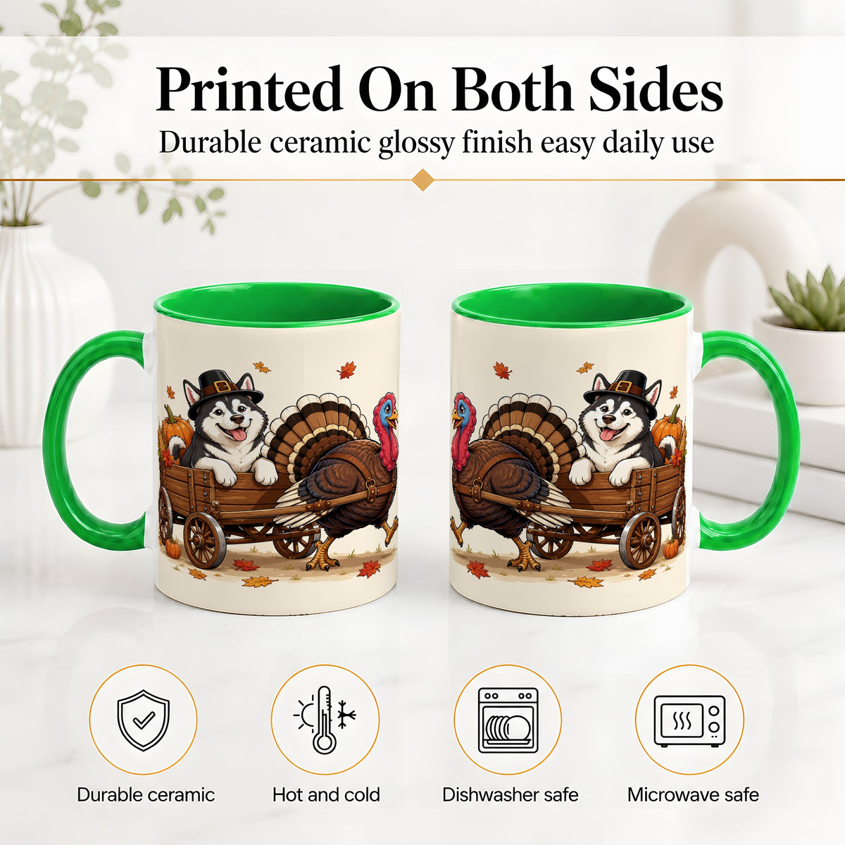#pl[11oz|Green] Thanksgiving Husky Wagon Accent Mug, Mug with Turkey Artwork