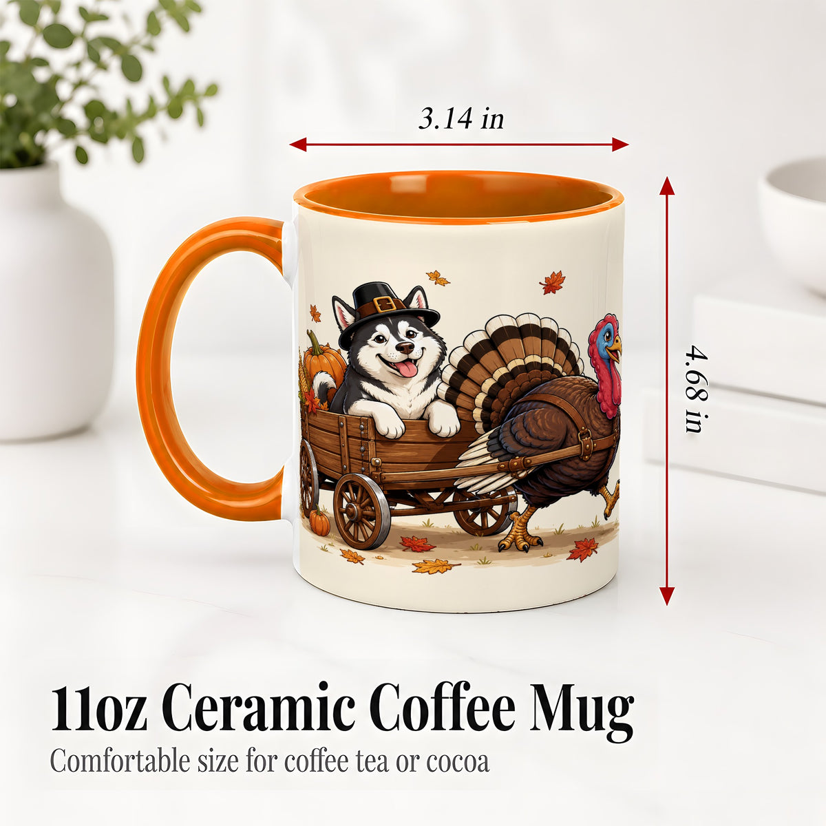 #pl[11oz|Orange] Thanksgiving Husky Wagon Accent Mug, Mug with Turkey Artwork