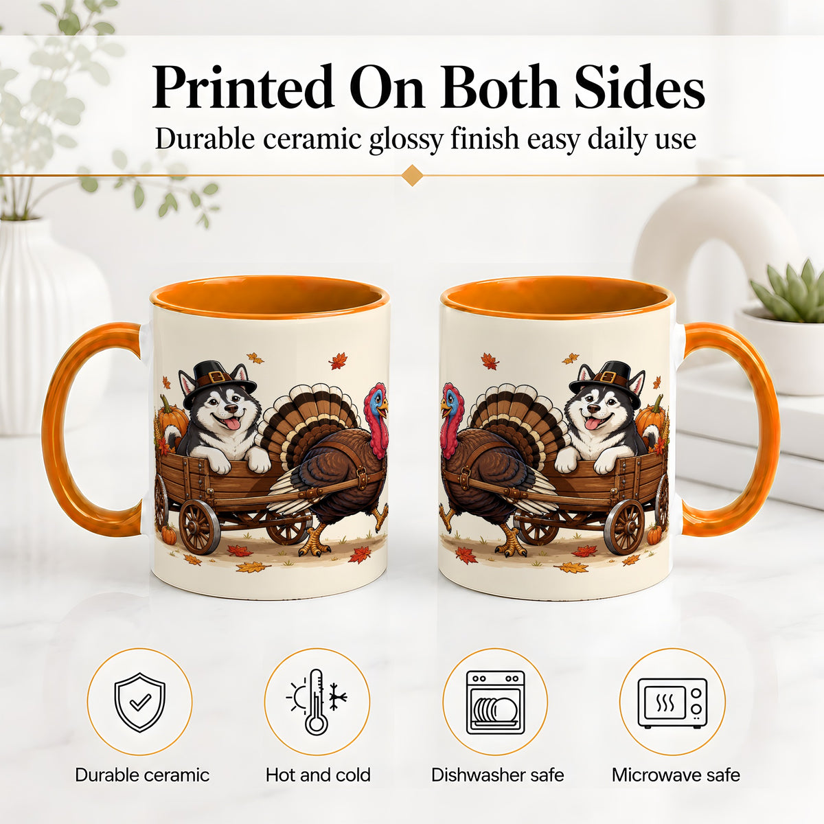 #pl[11oz|Orange] Thanksgiving Husky Wagon Accent Mug, Mug with Turkey Artwork