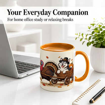 #pl[11oz|Orange] Thanksgiving Husky Wagon Accent Mug, Mug with Turkey Artwork