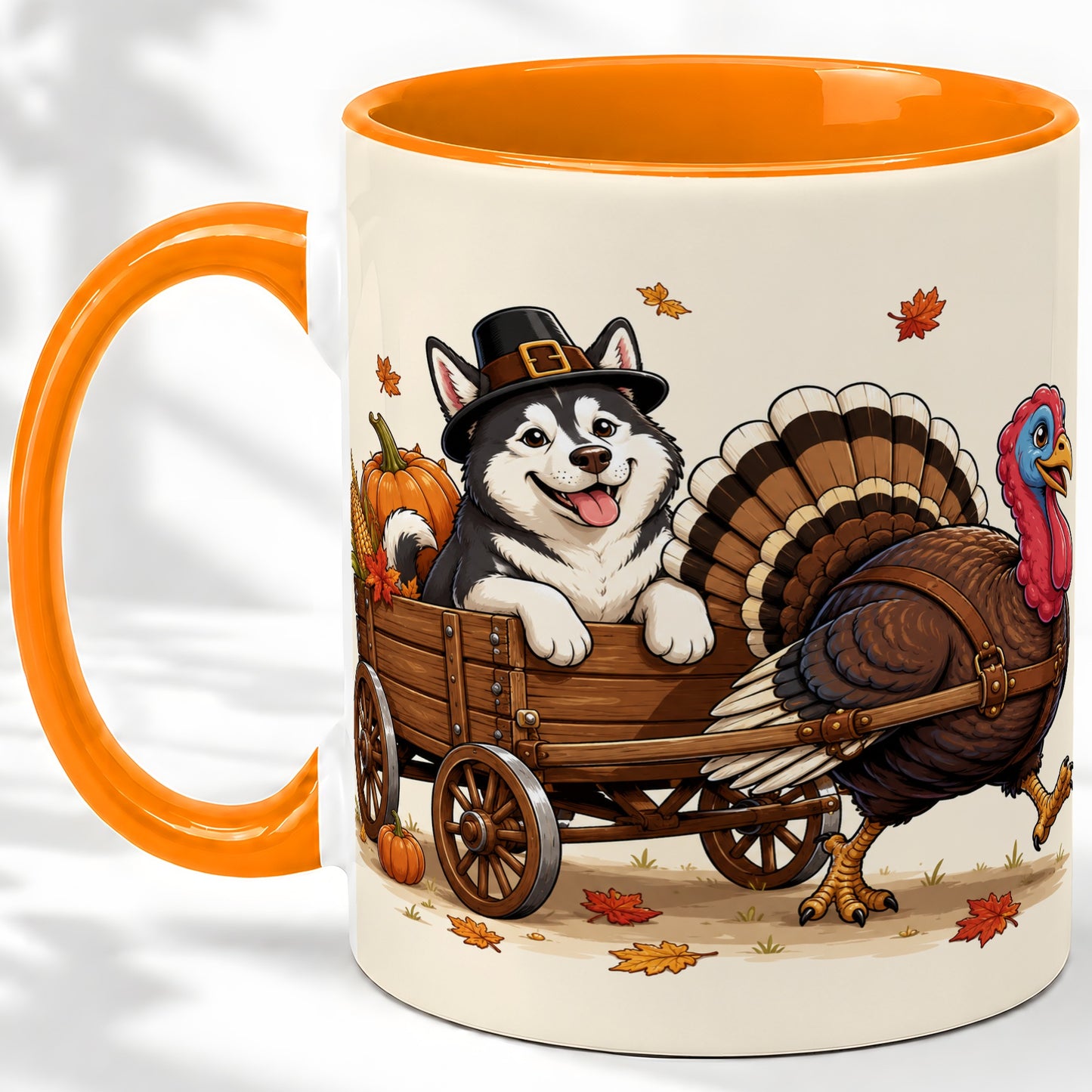 #pl[11oz|Orange] Thanksgiving Husky Wagon Accent Mug, Mug with Turkey Artwork