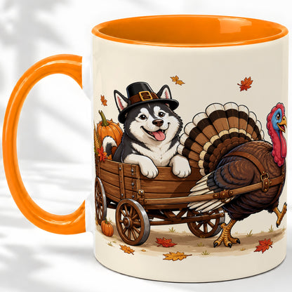 #pl[11oz|Orange] Thanksgiving Husky Wagon Accent Mug, Mug with Turkey Artwork