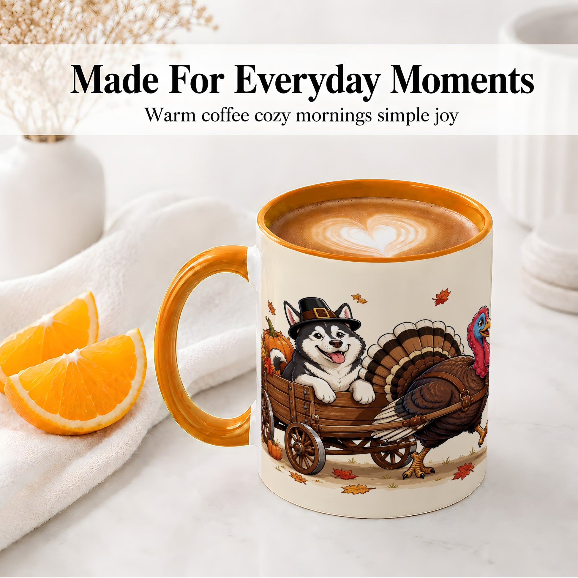 #pl[11oz|Orange] Thanksgiving Husky Wagon Accent Mug, Mug with Turkey Artwork