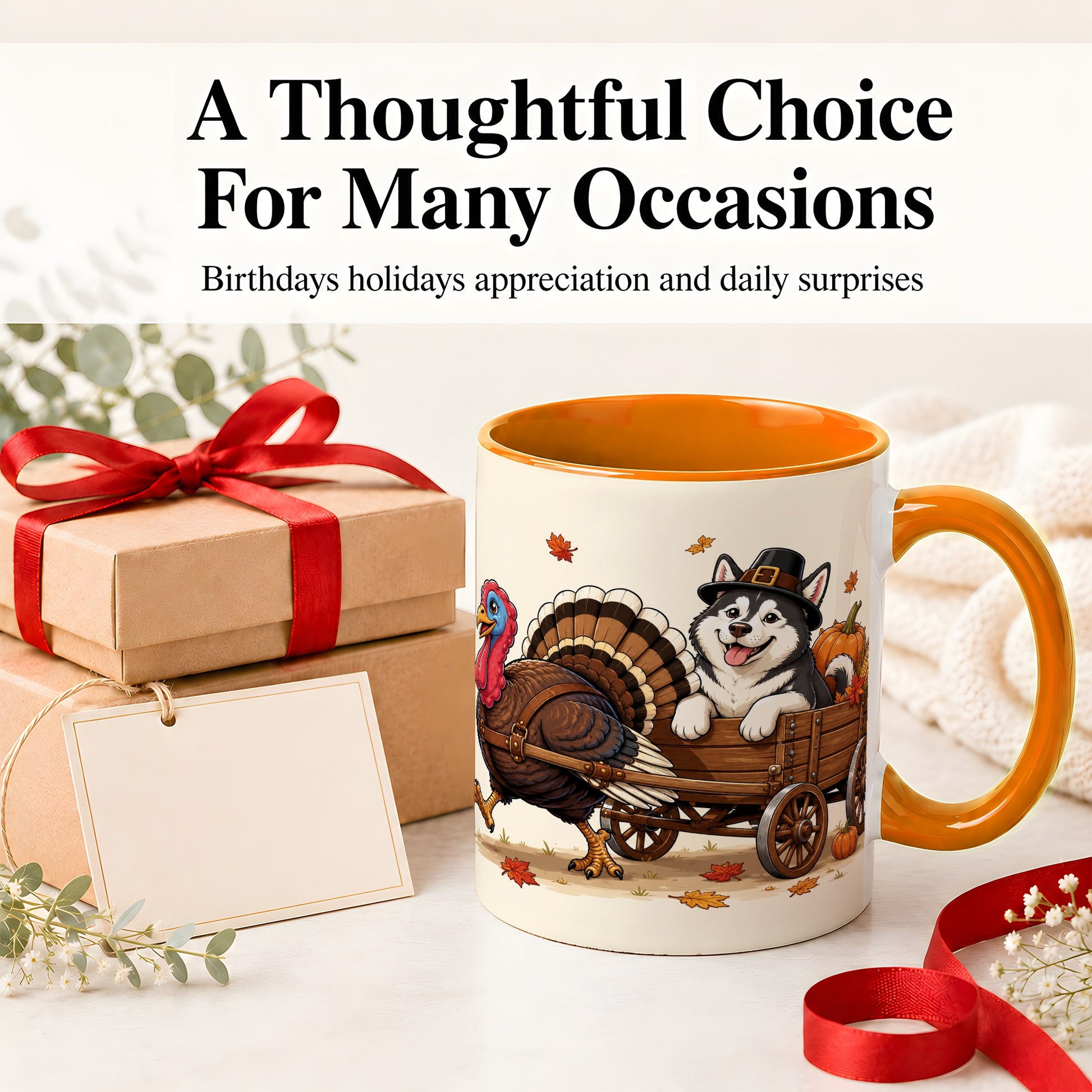 #pl[11oz|Orange] Thanksgiving Husky Wagon Accent Mug, Mug with Turkey Artwork