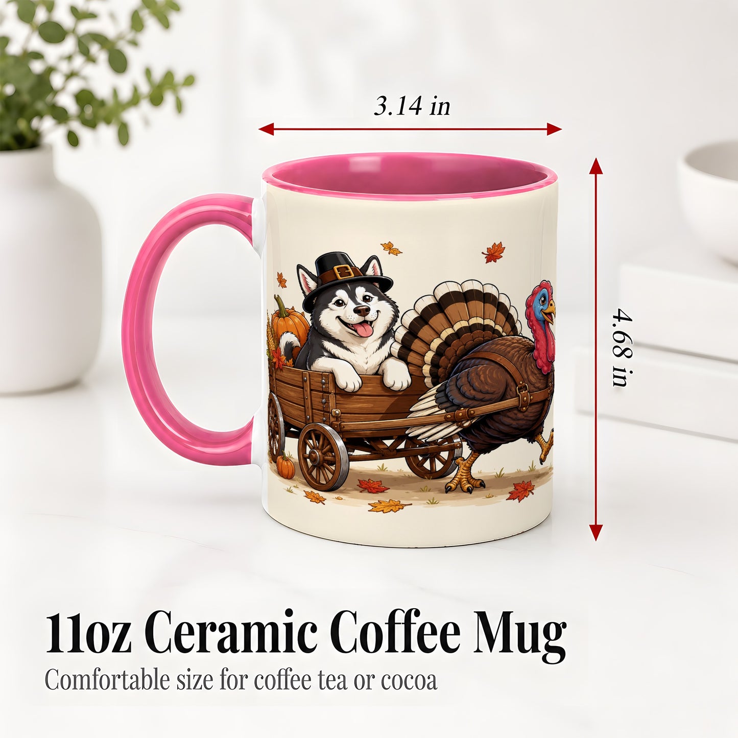 #pl[11oz|Pink] Thanksgiving Husky Wagon Accent Mug, Mug with Turkey Artwork