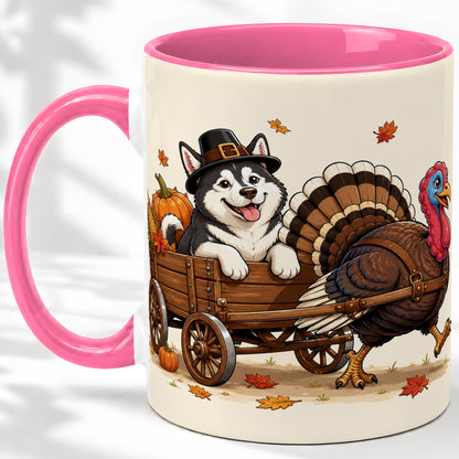 #pl[11oz|Pink] Thanksgiving Husky Wagon Accent Mug, Mug with Turkey Artwork