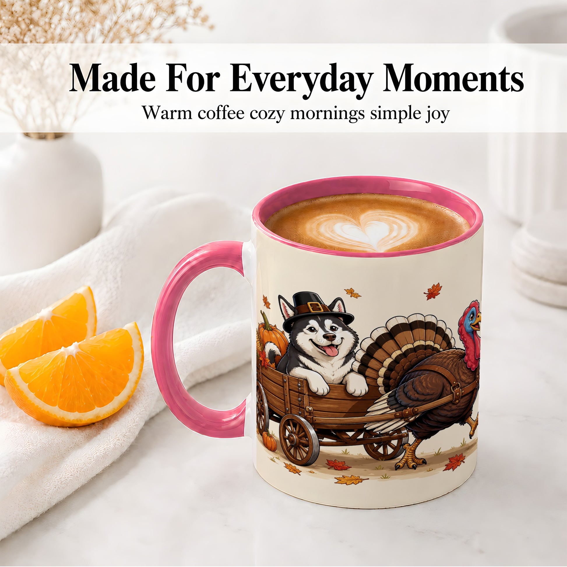#pl[11oz|Pink] Thanksgiving Husky Wagon Accent Mug, Mug with Turkey Artwork