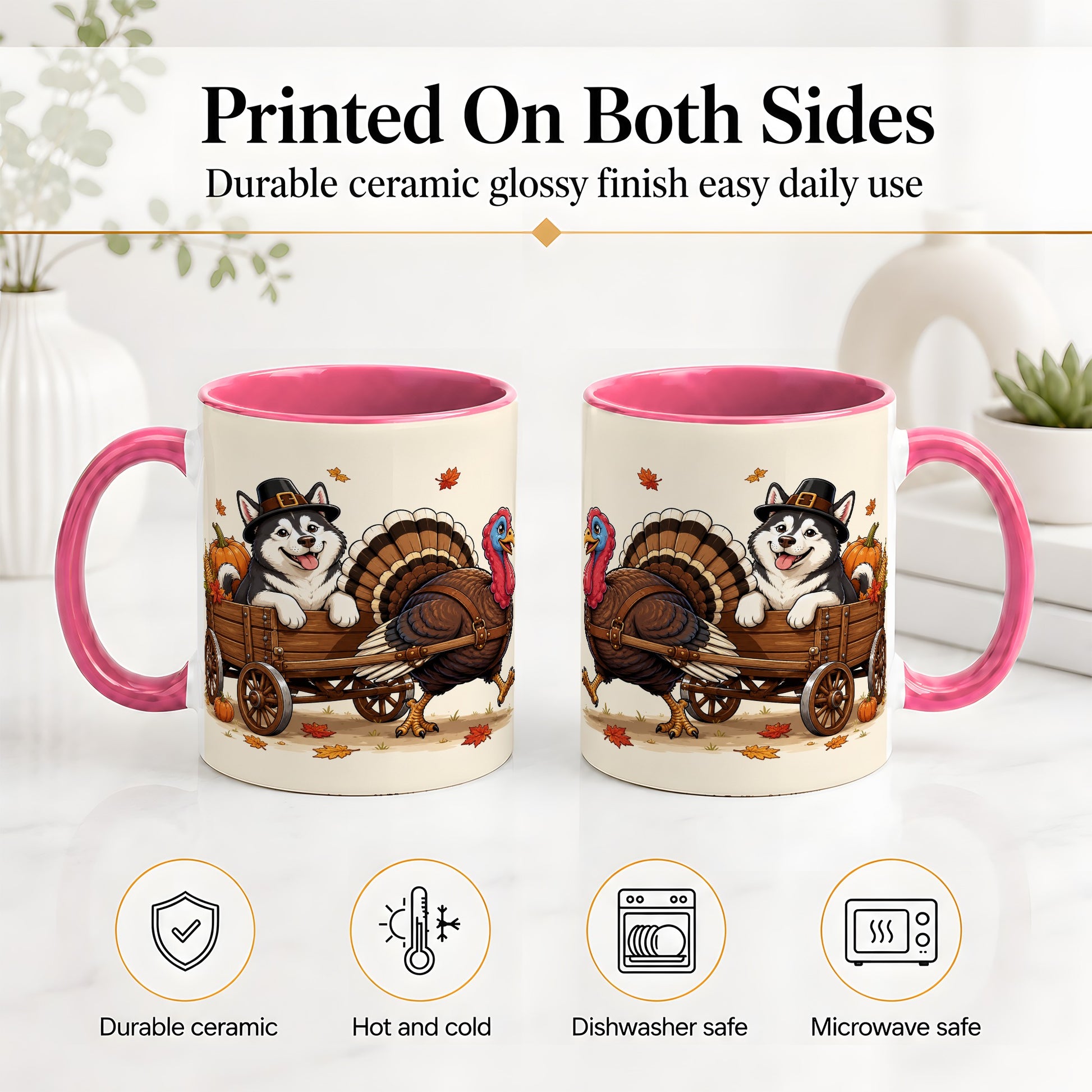 #pl[11oz|Pink] Thanksgiving Husky Wagon Accent Mug, Mug with Turkey Artwork