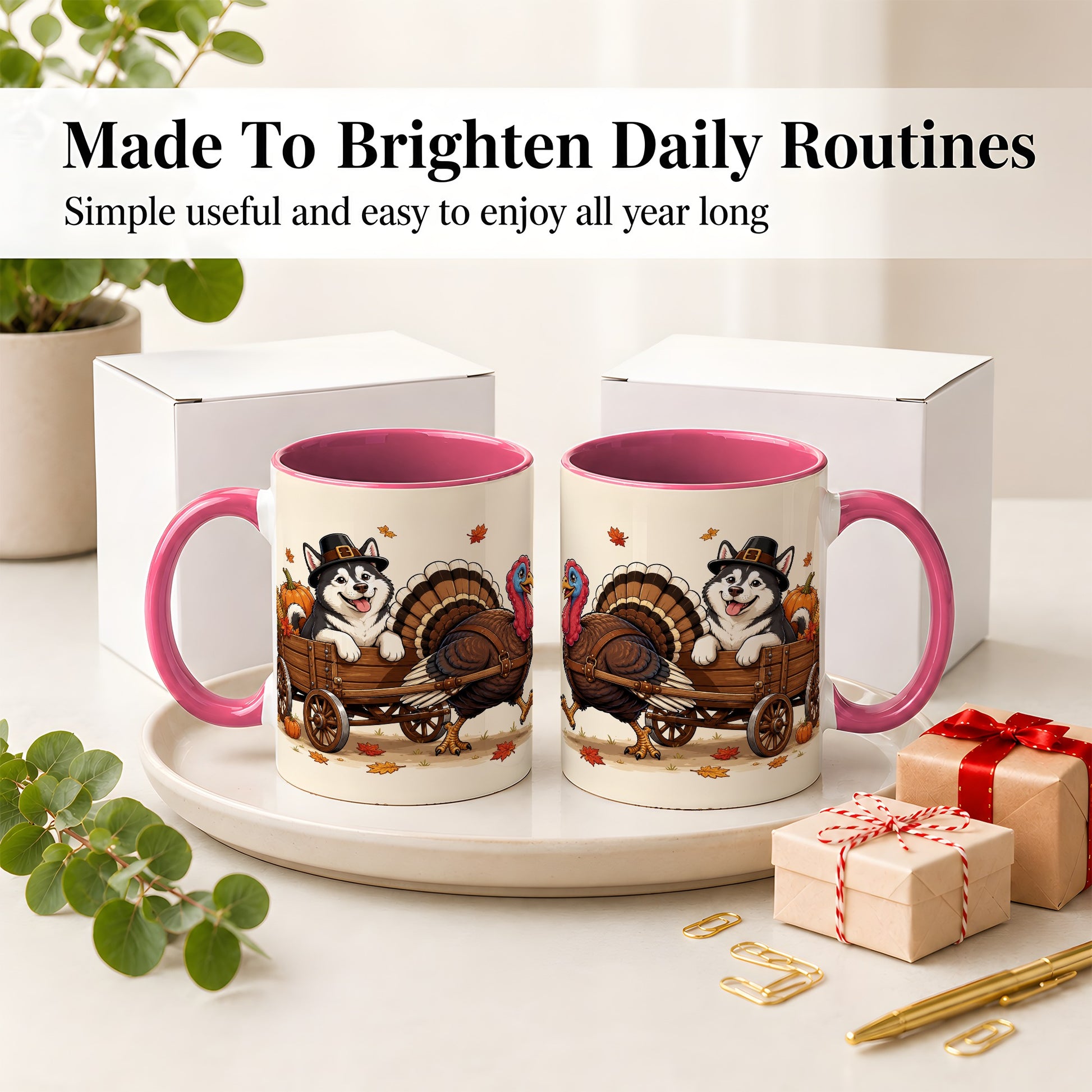 #pl[11oz|Pink] Thanksgiving Husky Wagon Accent Mug, Mug with Turkey Artwork