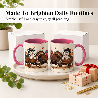#pl[11oz|Pink] Thanksgiving Husky Wagon Accent Mug, Mug with Turkey Artwork
