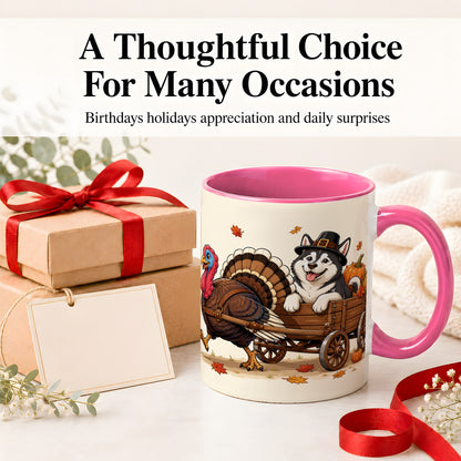 #pl[11oz|Pink] Thanksgiving Husky Wagon Accent Mug, Mug with Turkey Artwork