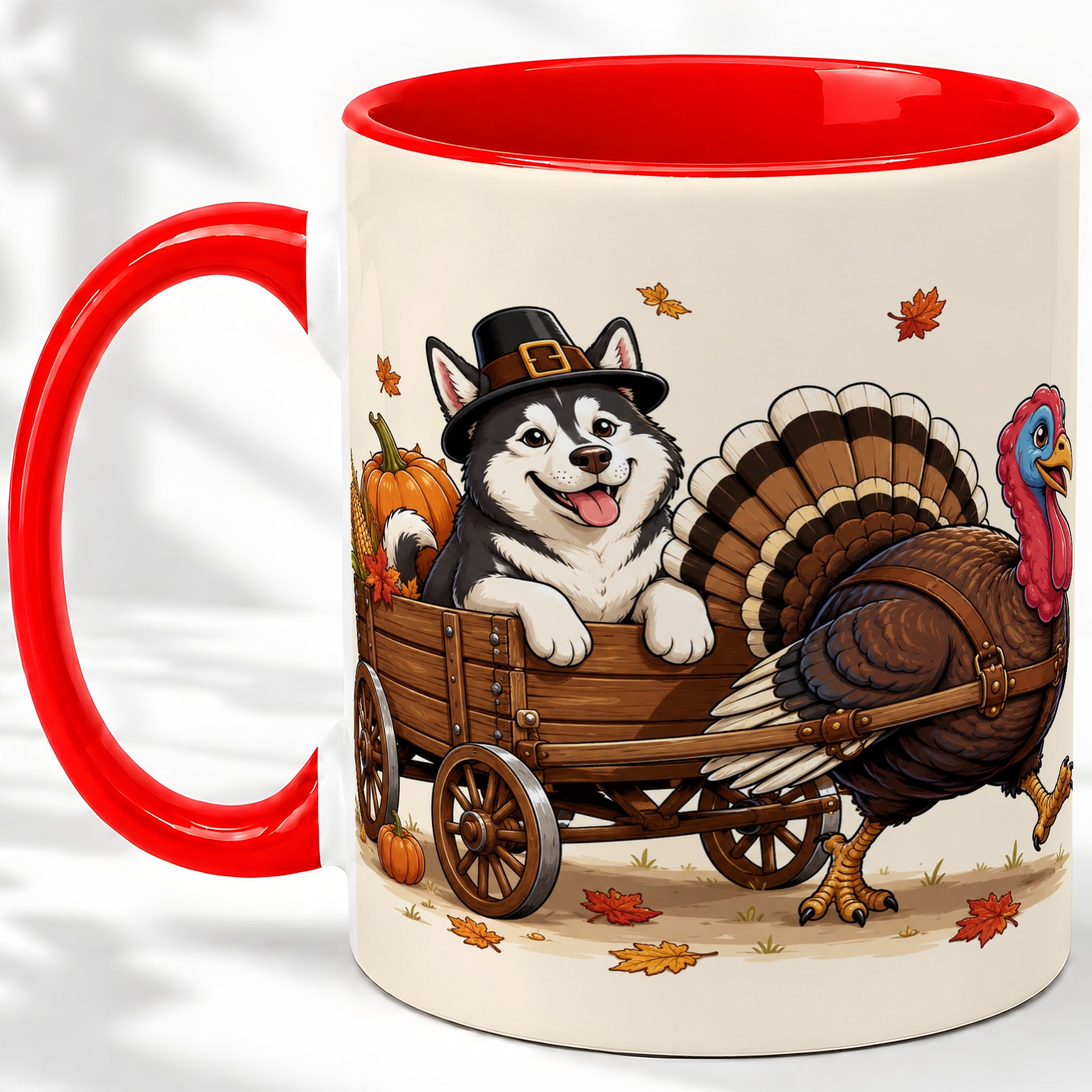 Thanksgiving Husky Wagon Accent Mug, Mug with Turkey Artwork