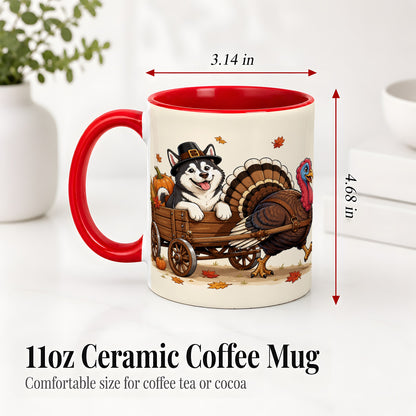 #pl[11oz|Red] Thanksgiving Husky Wagon Accent Mug, Mug with Turkey Artwork