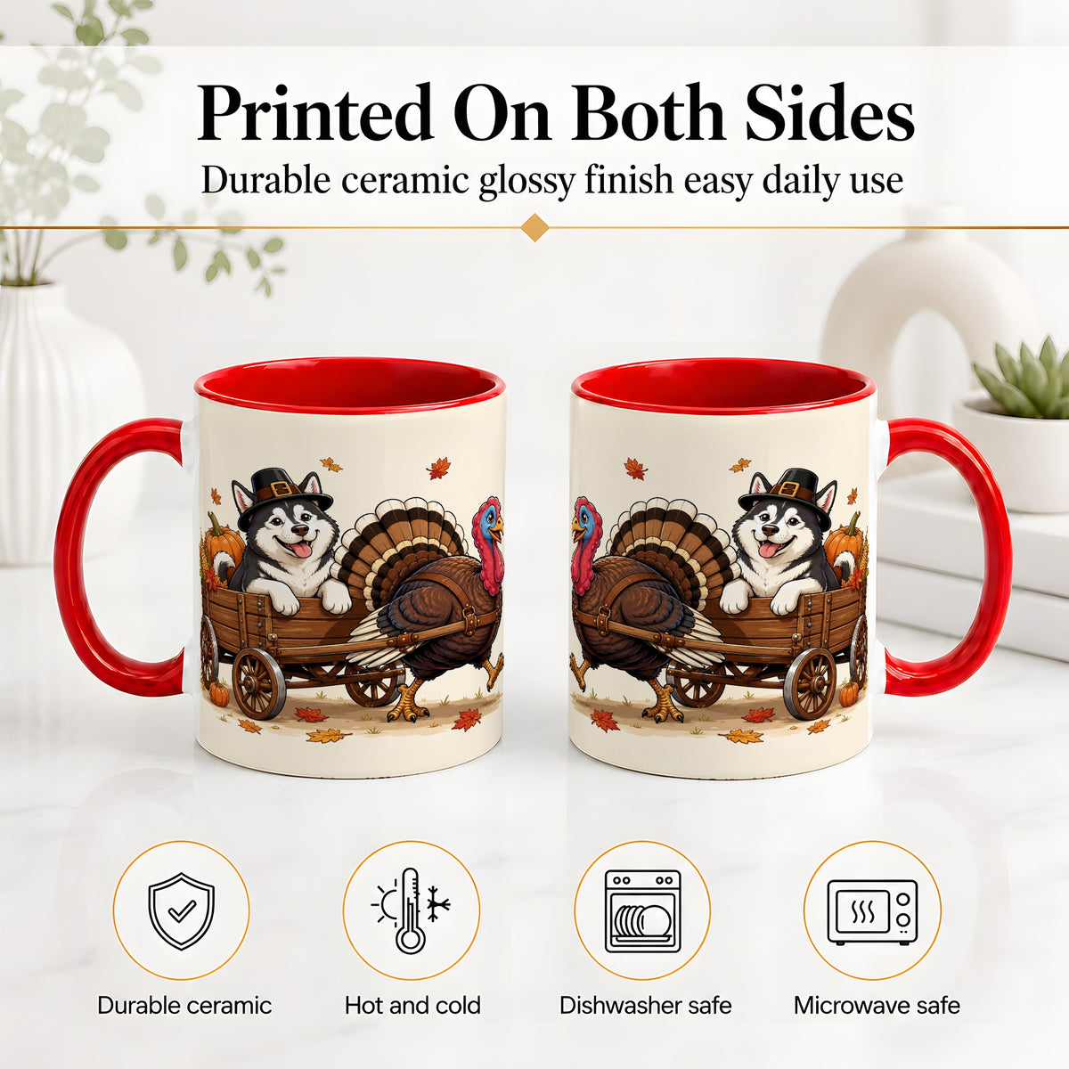 #pl[11oz|Red] Thanksgiving Husky Wagon Accent Mug, Mug with Turkey Artwork