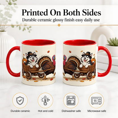 #pl[11oz|Red] Thanksgiving Husky Wagon Accent Mug, Mug with Turkey Artwork