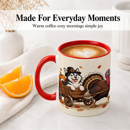 #pl[11oz|Red] Thanksgiving Husky Wagon Accent Mug, Mug with Turkey Artwork