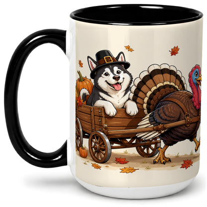 #pl[15oz|Black] Thanksgiving Husky Wagon Accent Mug, Mug with Turkey Artwork