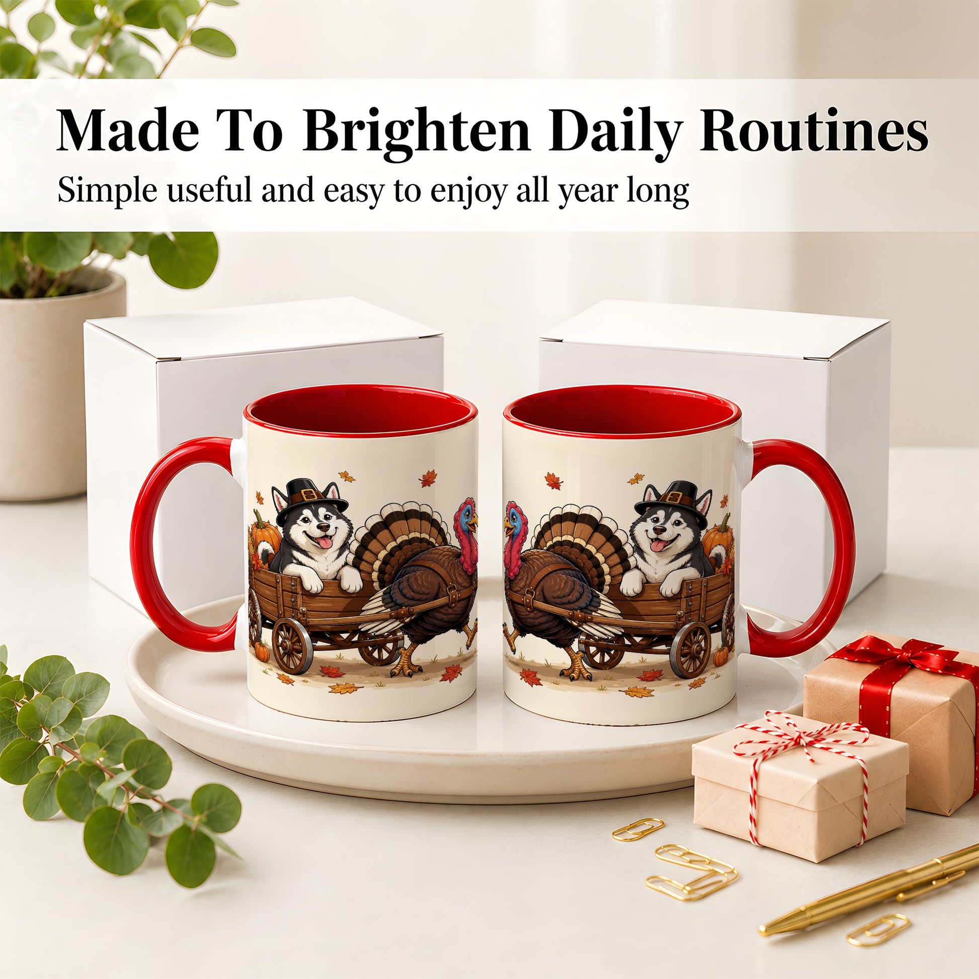 #pl[11oz|Red] Thanksgiving Husky Wagon Accent Mug, Mug with Turkey Artwork